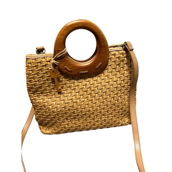 FOSSIL Weaved Leather Wood Handle w/Detachable Crossbody Leather Strap Purse - Picture 1 of 5